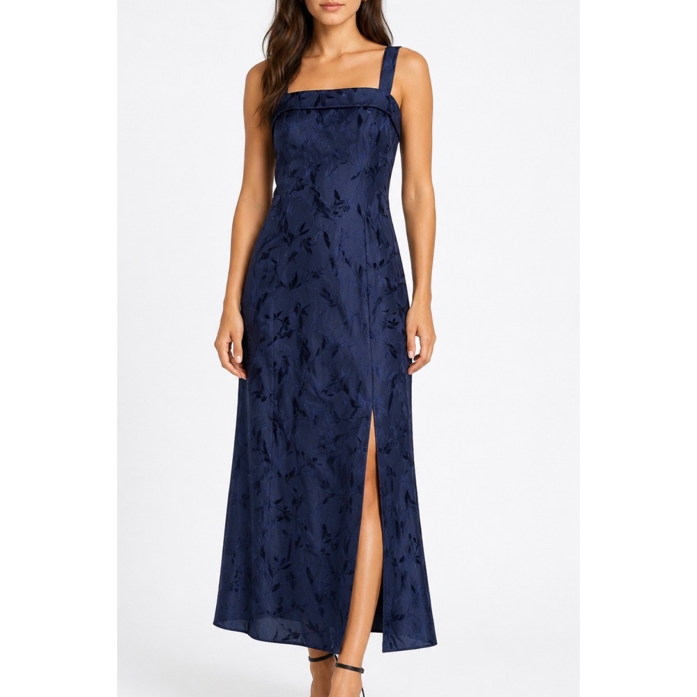 JR Nites by Caliendo Navy Blue Jacquard Maxi Dress and Bolero Jacket Set Size 10